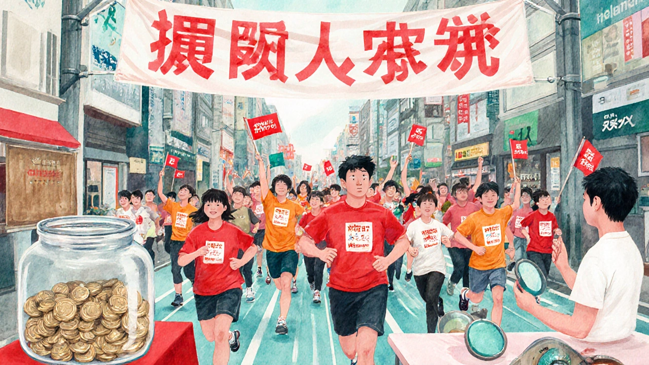 10月のチャリティーマラソンで参加者がTシャツを着て自己チェックを受ける様子。