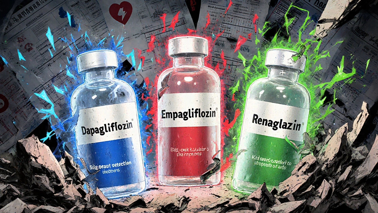 3種のSGLT2阻害薬が糖尿病の通路で戦う様子、それぞれ異なる色のエネルギーを放っている。