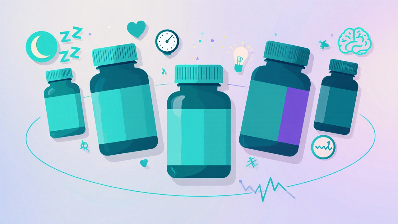 5つの抗うつ薬の瓶と副作用を示すアイコンのフラットデザインコラージュ。