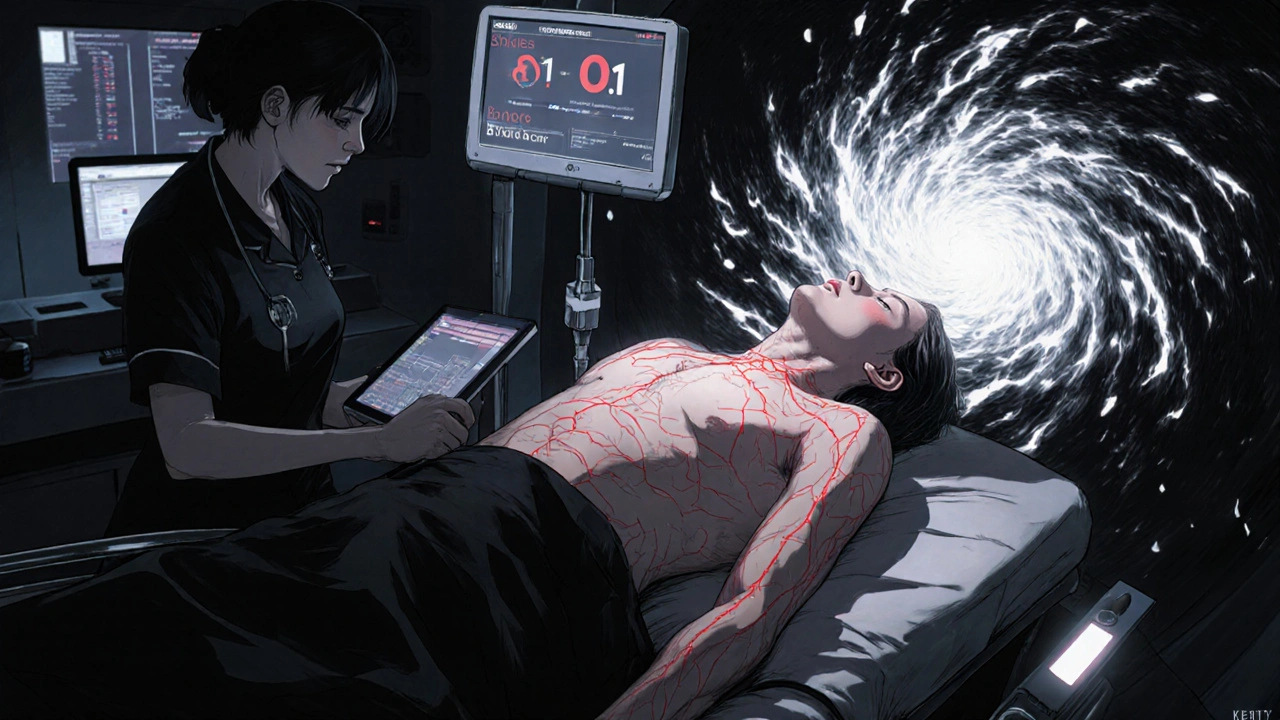 CAR‑T治療中の患者と背景のサイトカイン嵐を描く場面。