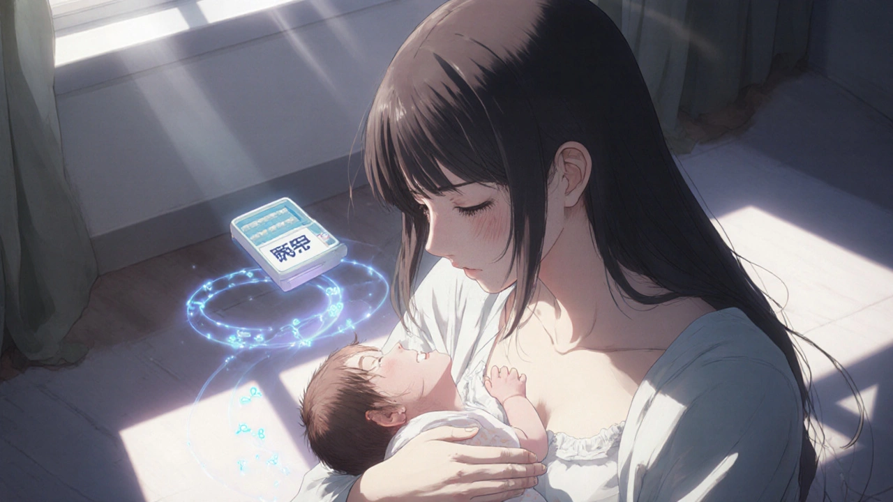 産後、母乳を授ける母親と赤ちゃん、薬の容器がそばに置かれている。