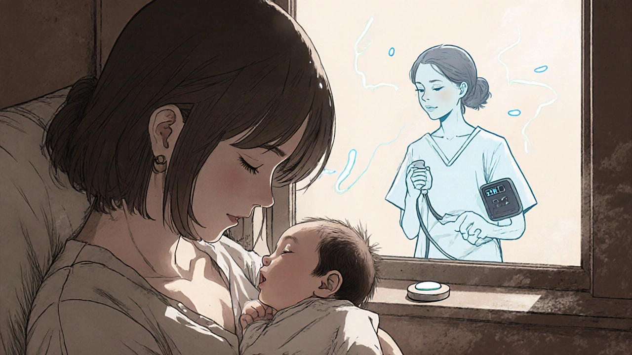 産後の母親が赤ちゃんと肌肤接触しながら授乳し、過去の自分は静かに消えている。