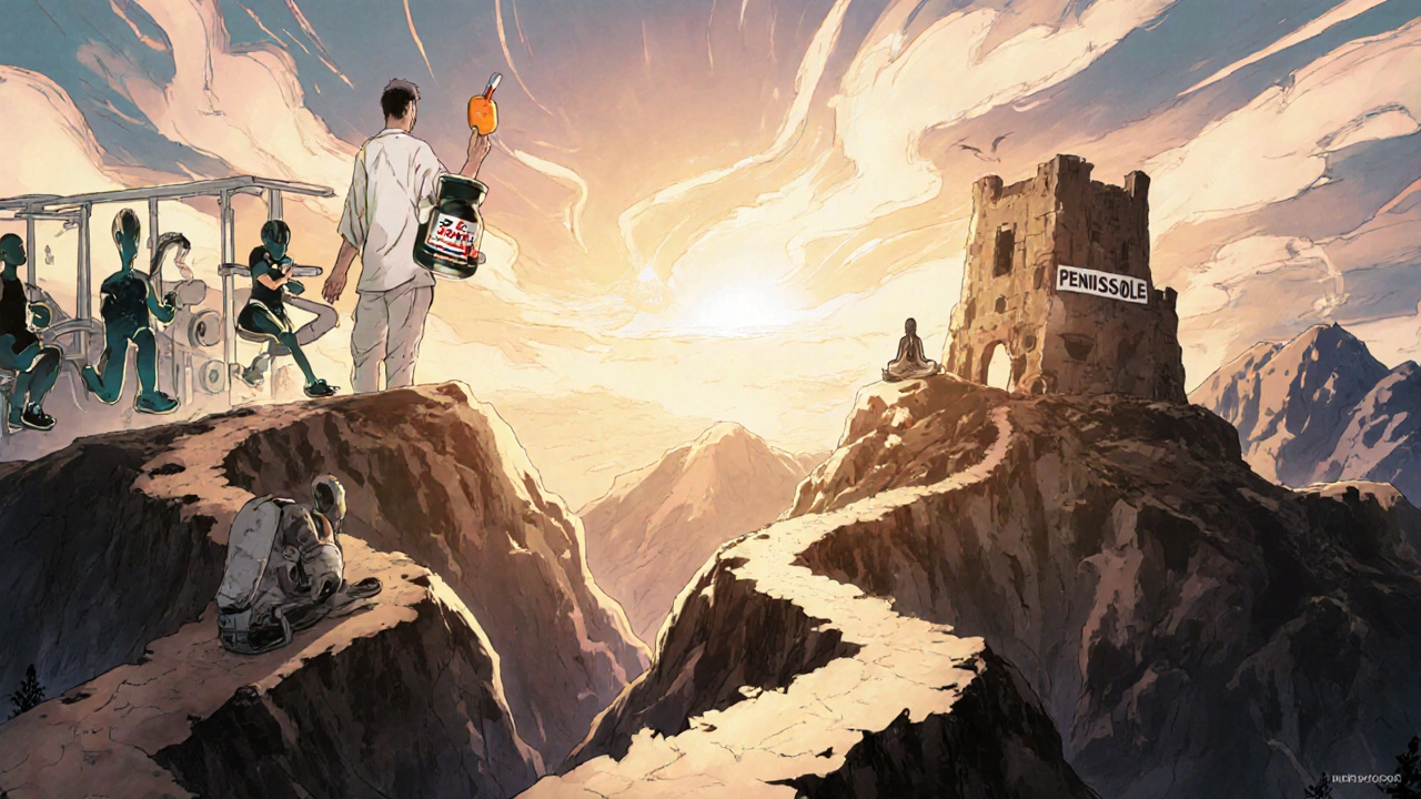 朝日の中、ゼレックスを手にした男が自然な健康の三つの道を選び、ペンソールの塔は崩壊している。