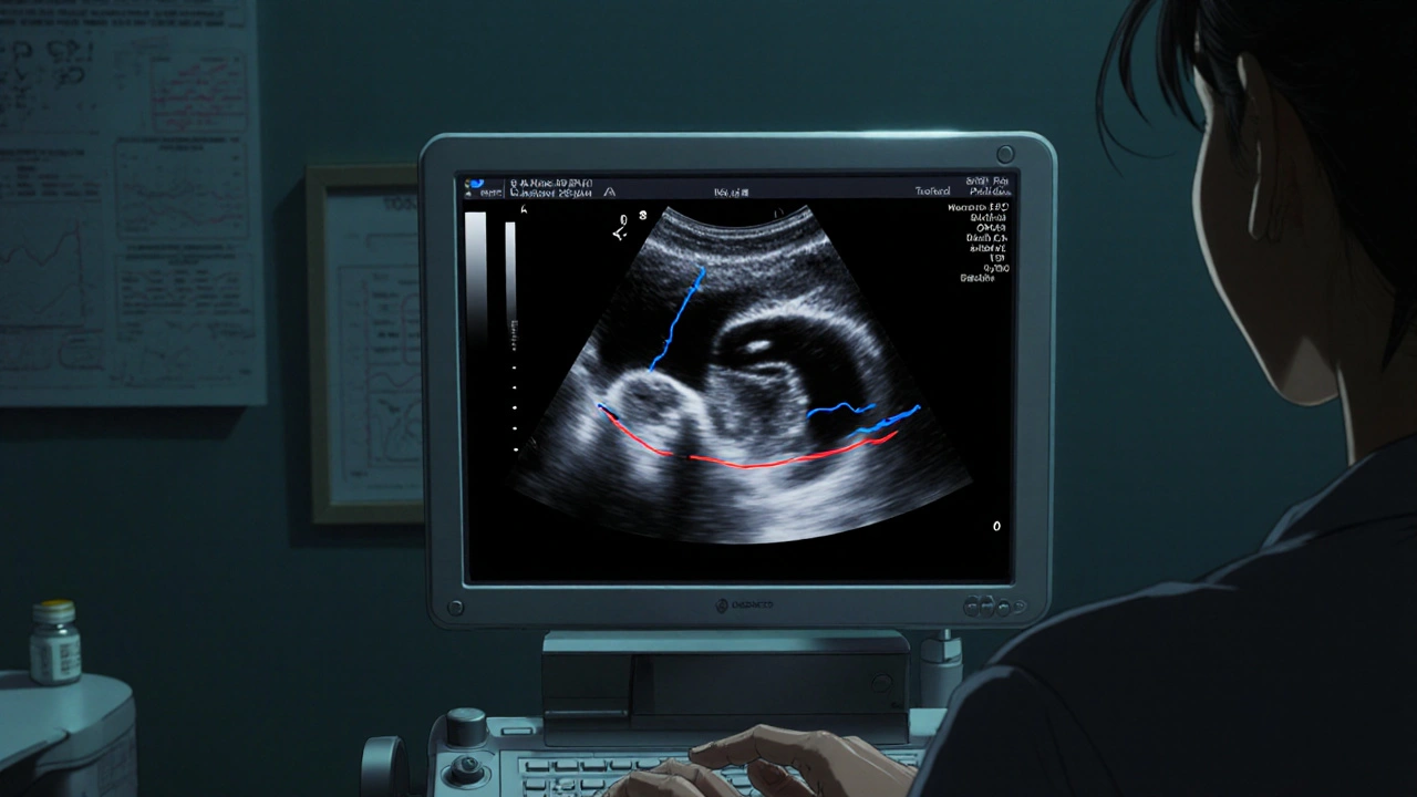 超音波検査で胎児の血流が確認される様子、母親の手が画面に届いている。