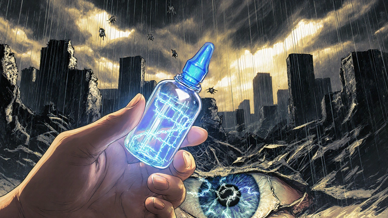 点眼薬の液滴から光が広がり、損傷した網膜が再生する幻想的な風景。