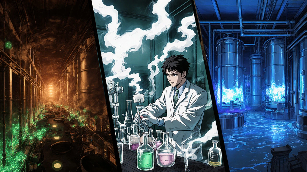 発酵、化学合成、廃水処理の三段階を描いた工場内部のシーン。