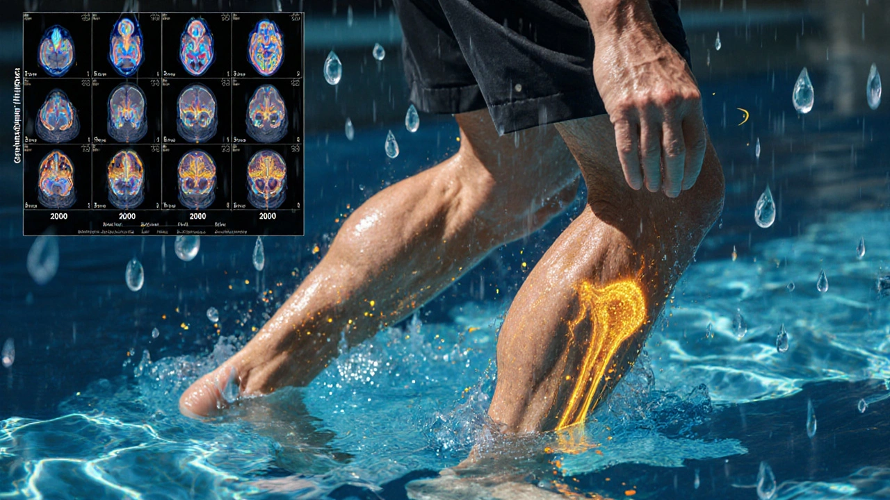 高齢男性が水中歩行をしながら、クルクミンの粒子が関節を包む様子。