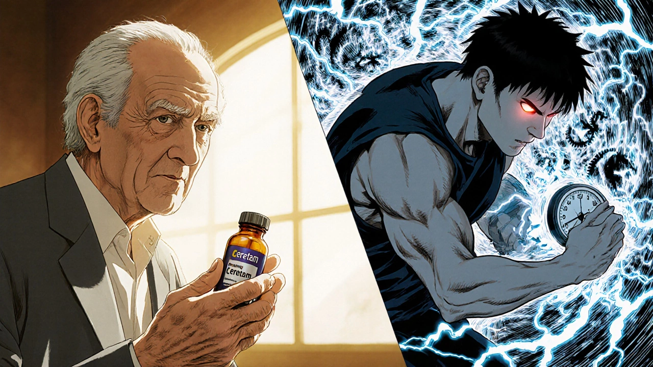 高齢者とアスリートがそれぞれセレセタムとフェノキシメチルペンタノールを使用し、対照的な集中力が描かれている。