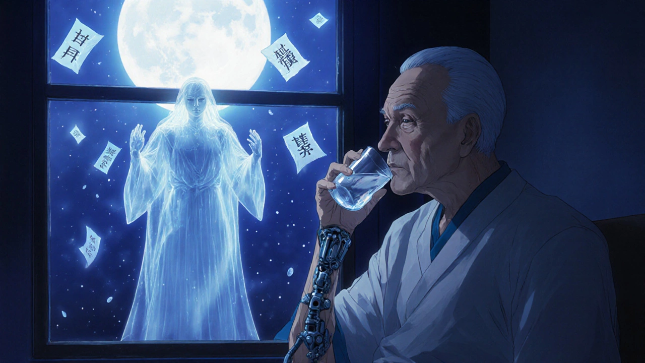 高齢の患者に寄り添うエマグラリフロジンの守護霊と、脱水や感染の影が迫る月明かりの情景。