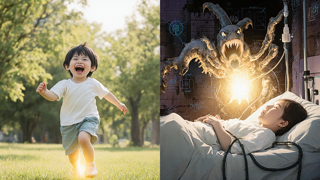 公園で走る少年と病院のベッドの少年が対比される。薬の力が怪物のように描かれている。