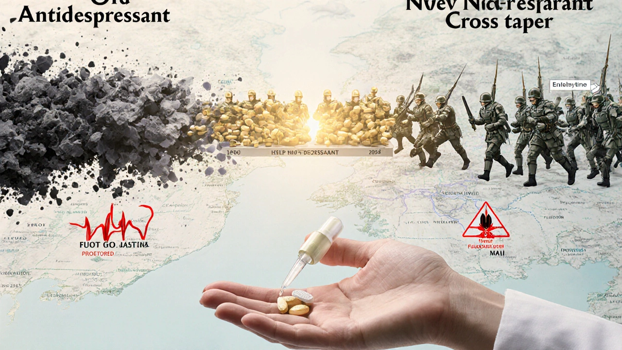 古い薬と新しい薬の間でクロスターパー法が光る橋を形成する医療マップ。