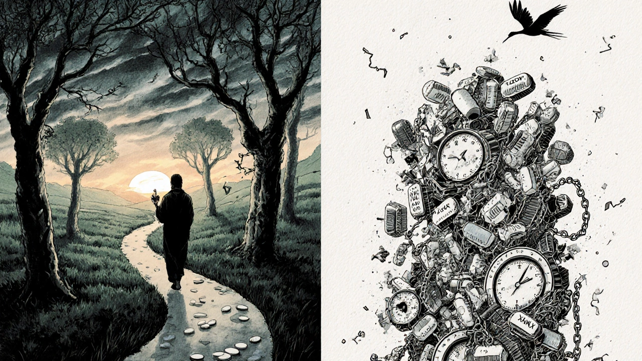 ヒドロキシジンとザナックスの二つの治療法を象徴する二つの道が、嵐の空の下で分かれている風景。