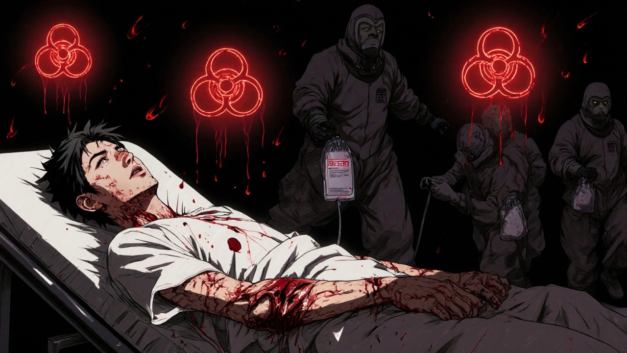 患者の皮膚が剥がれ落ち、医療チームが緊急対応する激しいシーン。