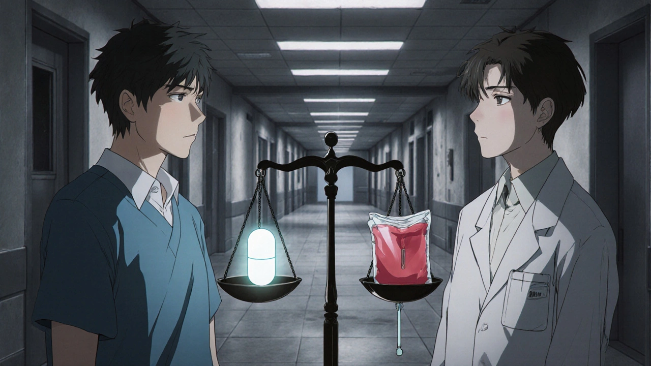 患者と医師が天秤にLeukeranの錠剤とIVバッグを置き、治療の利点と副作用を比較しているシーン。