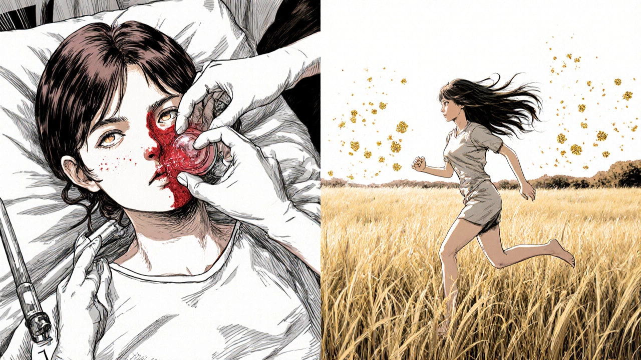 IUD装着後の女性が自然の中を走り、月経の代わりに花粉が舞うシーン。