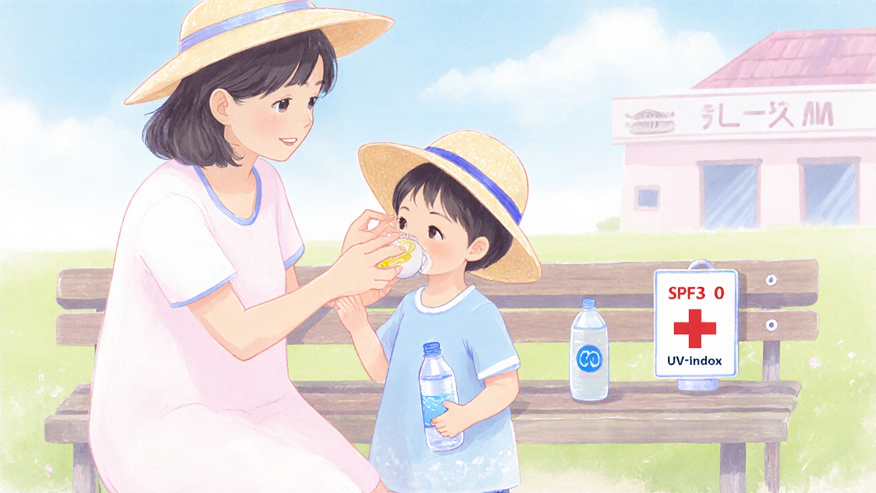 家族が日焼け止めを塗り、帽子とUV対策服で屋外へ出かけるシーン。