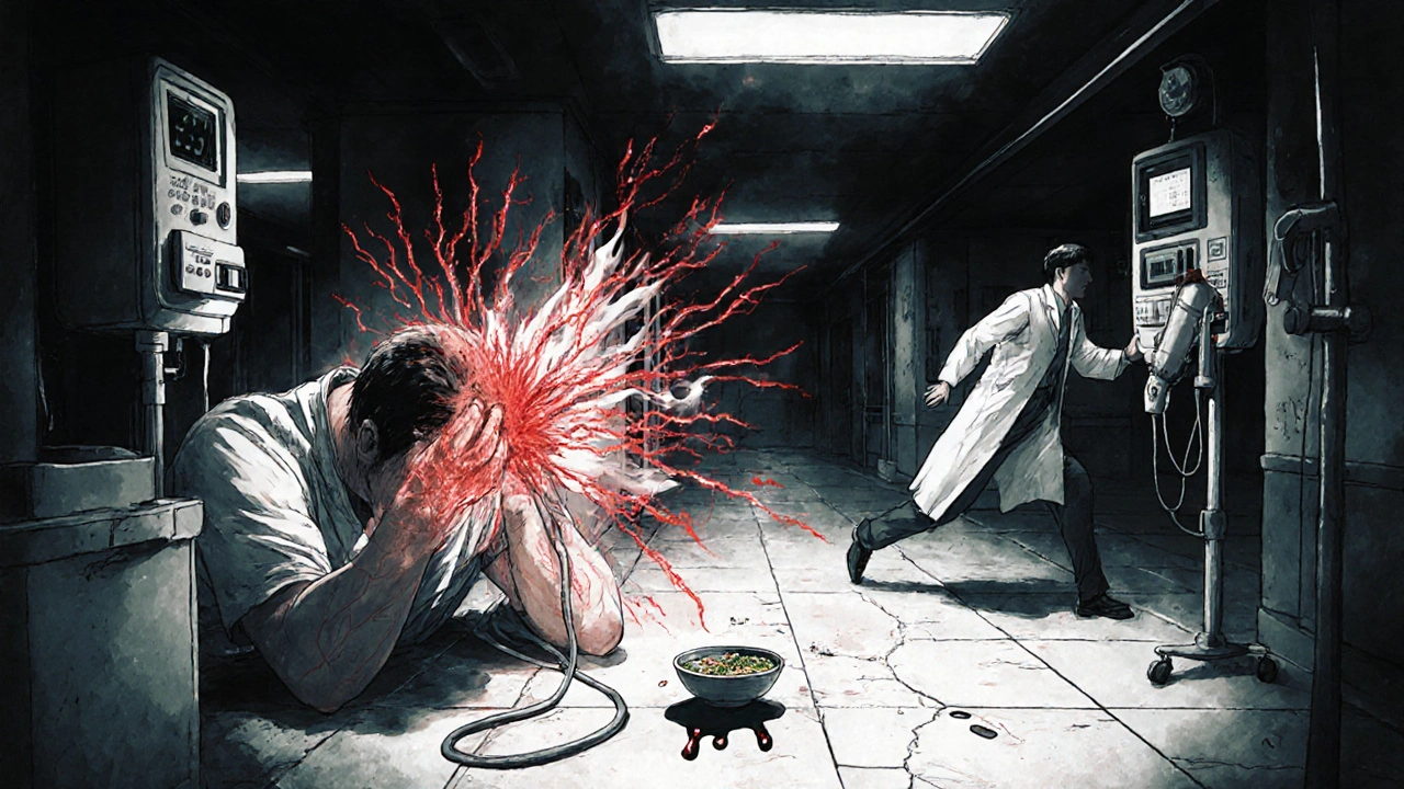 救急室で血圧が急上昇した患者が頭を抱え、医師が駆け寄る様子。