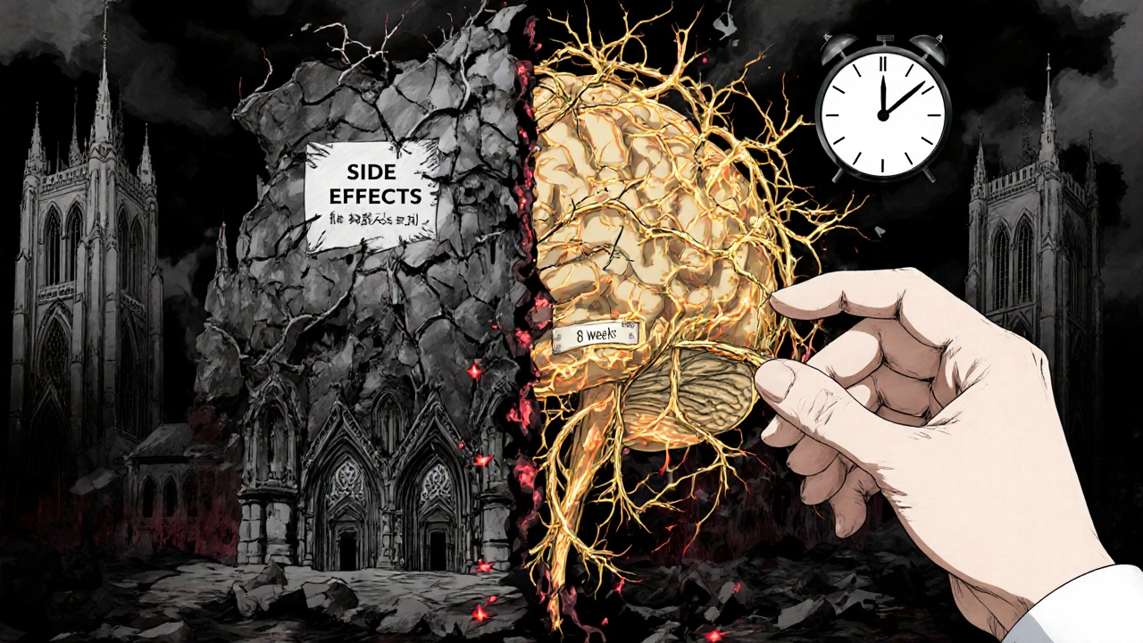 脳の内部が崩れゆく大聖堂のように描かれ、セロトニンの道が光で再生されている。