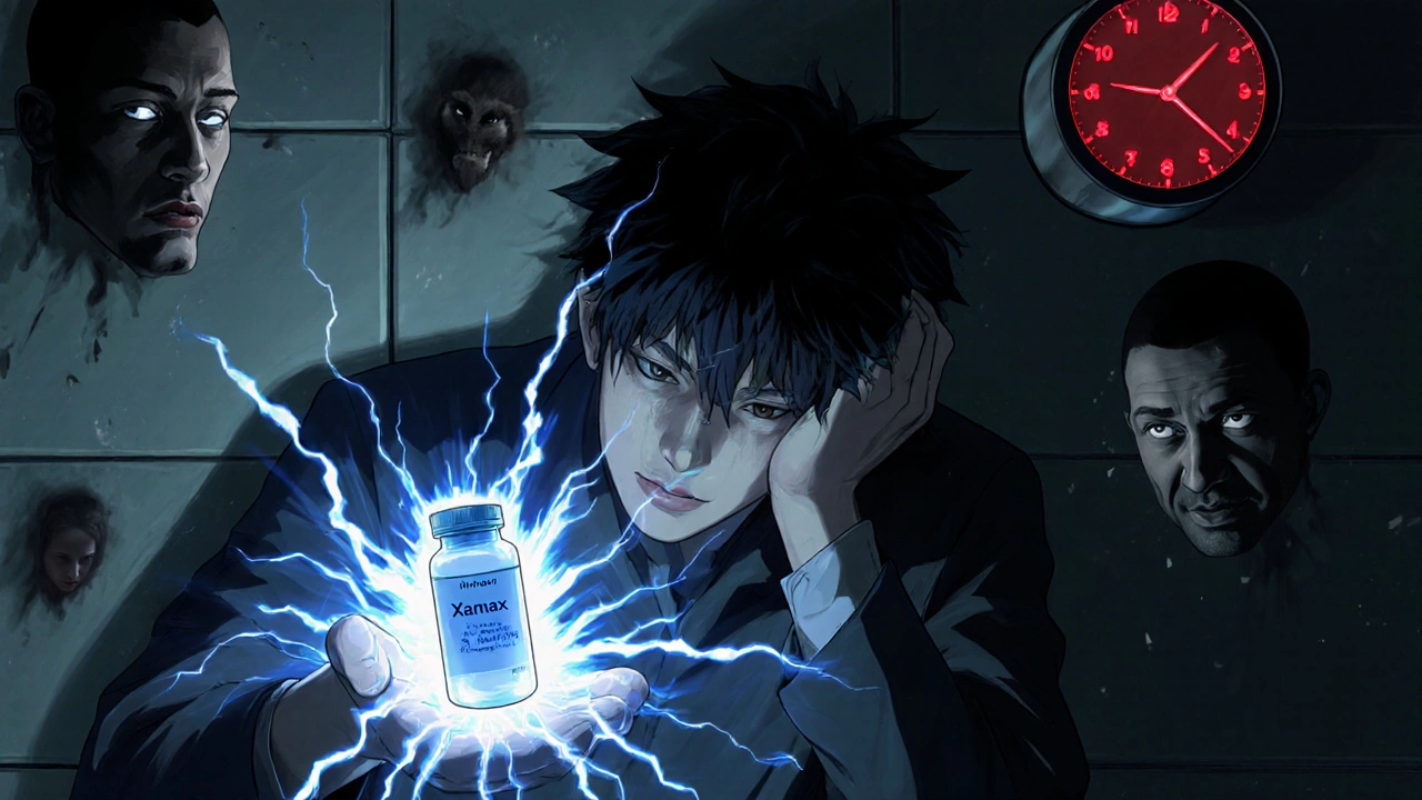 パニックに陥った人物がザナックスの薬を握り、周囲に不安の幻影が渦巻く病院の壁に寄りかかっている。