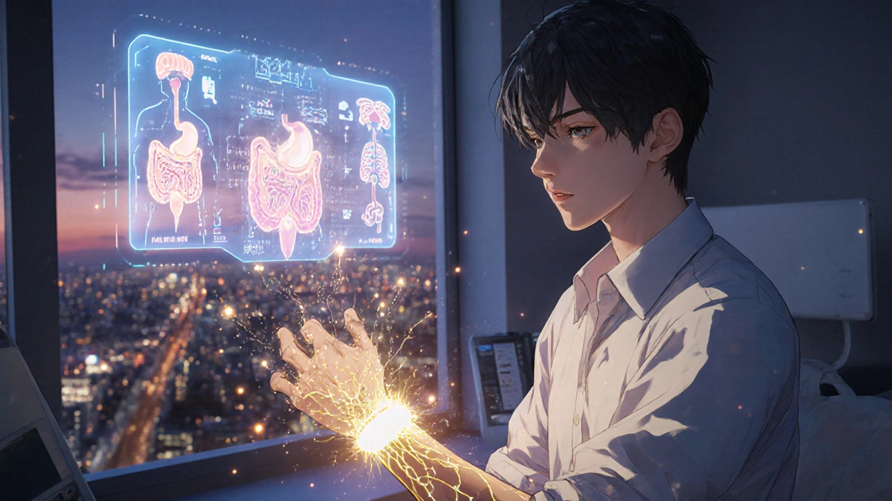皮膚に貼られたスマートパッチから発せられる遺伝子とAIモニタリングの光の線が浮かぶ未来の医療風景。