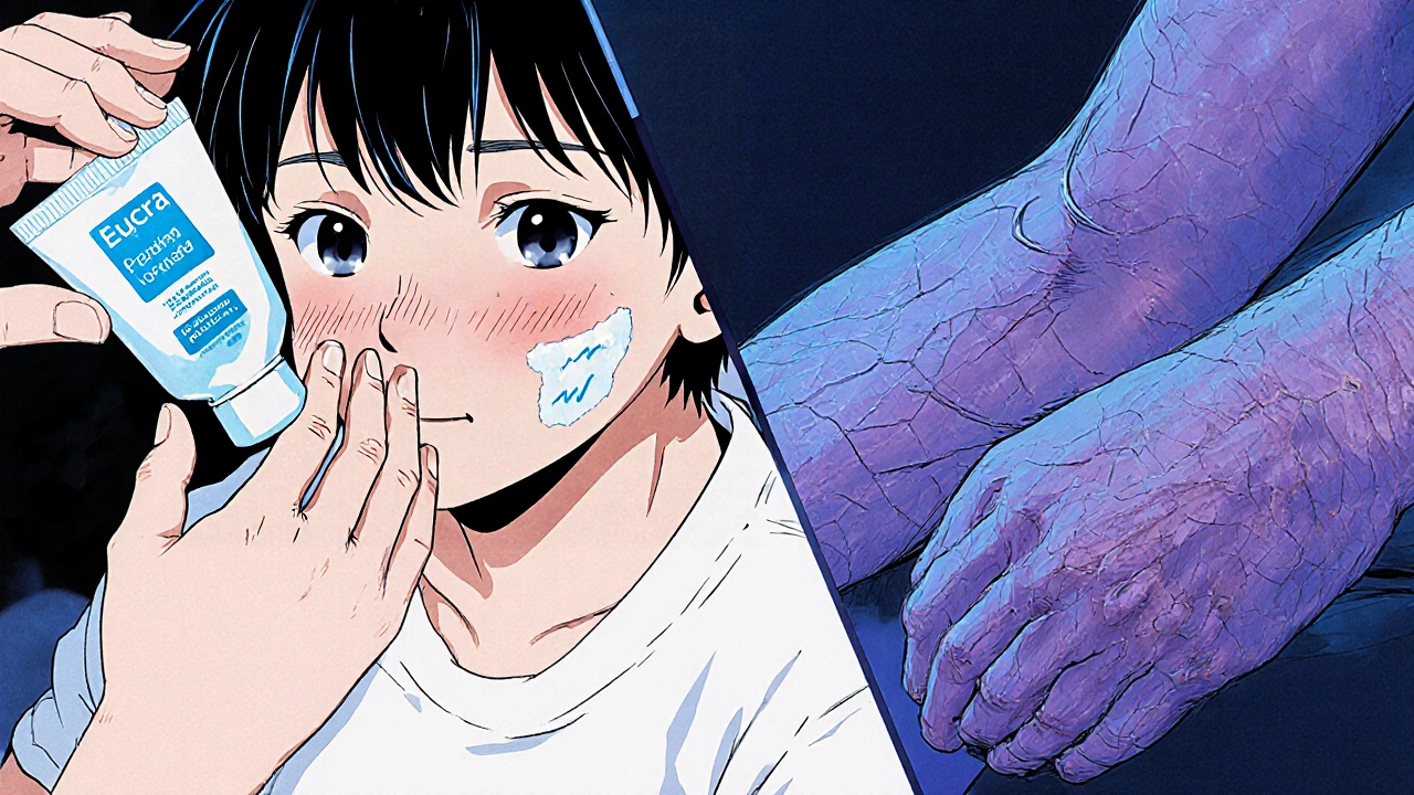 乳児の頬に優しくクリームを塗る様子と、長期使用で薄くなった皮膚の対比