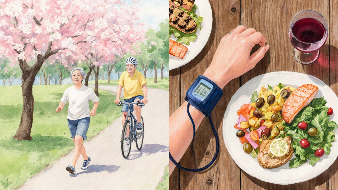 散歩や地中海食、血圧測定など健康習慣を実践する人のシーン