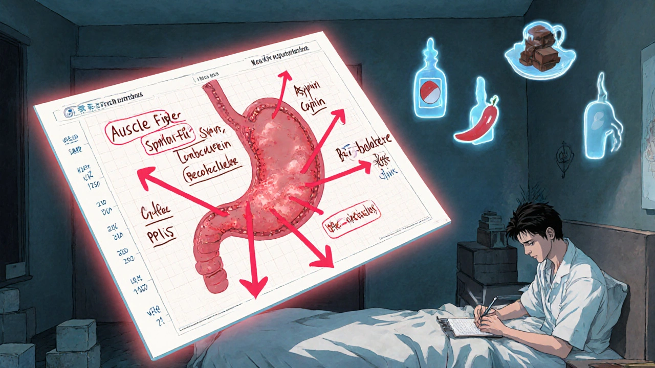 食道括約筋を薬と辛い食物が攻撃する医療図解。