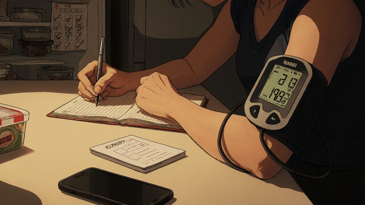 食事日記と血圧計、MAOIカードを持つ人が安全プランを実行している場面。