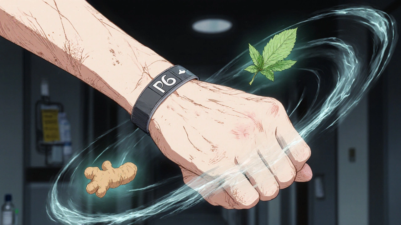 手首にツボバンドを装着し、生姜とミントの力が吐き気と戦うシーン。