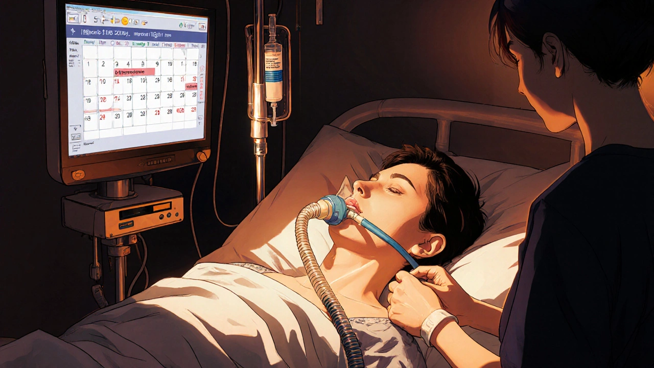 手術後の患者がベッドで呼吸管理とピルフェニドンスケジュールを見ている。