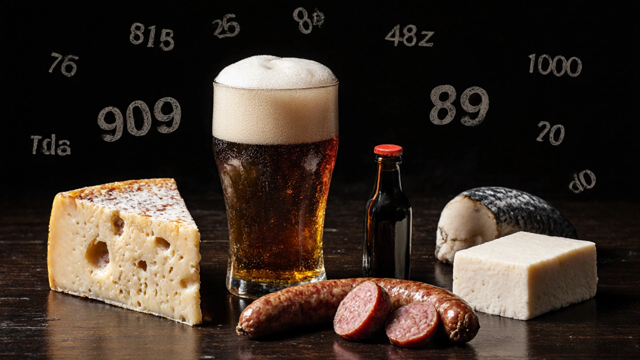 熟成チーズやビールなど、チラミン高リスク食品がテーブルに並ぶ様子。