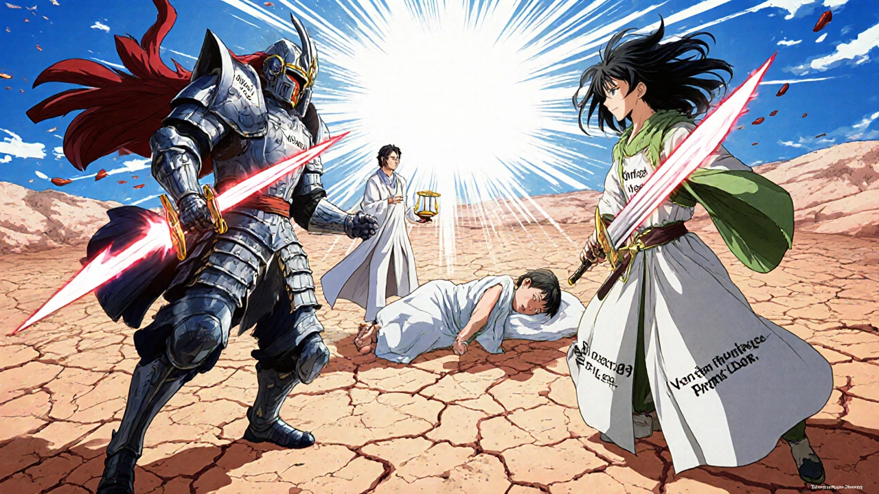 ステロイドと非ステロイド薬を象徴する戦士が皮膚の大地で対峙する様子