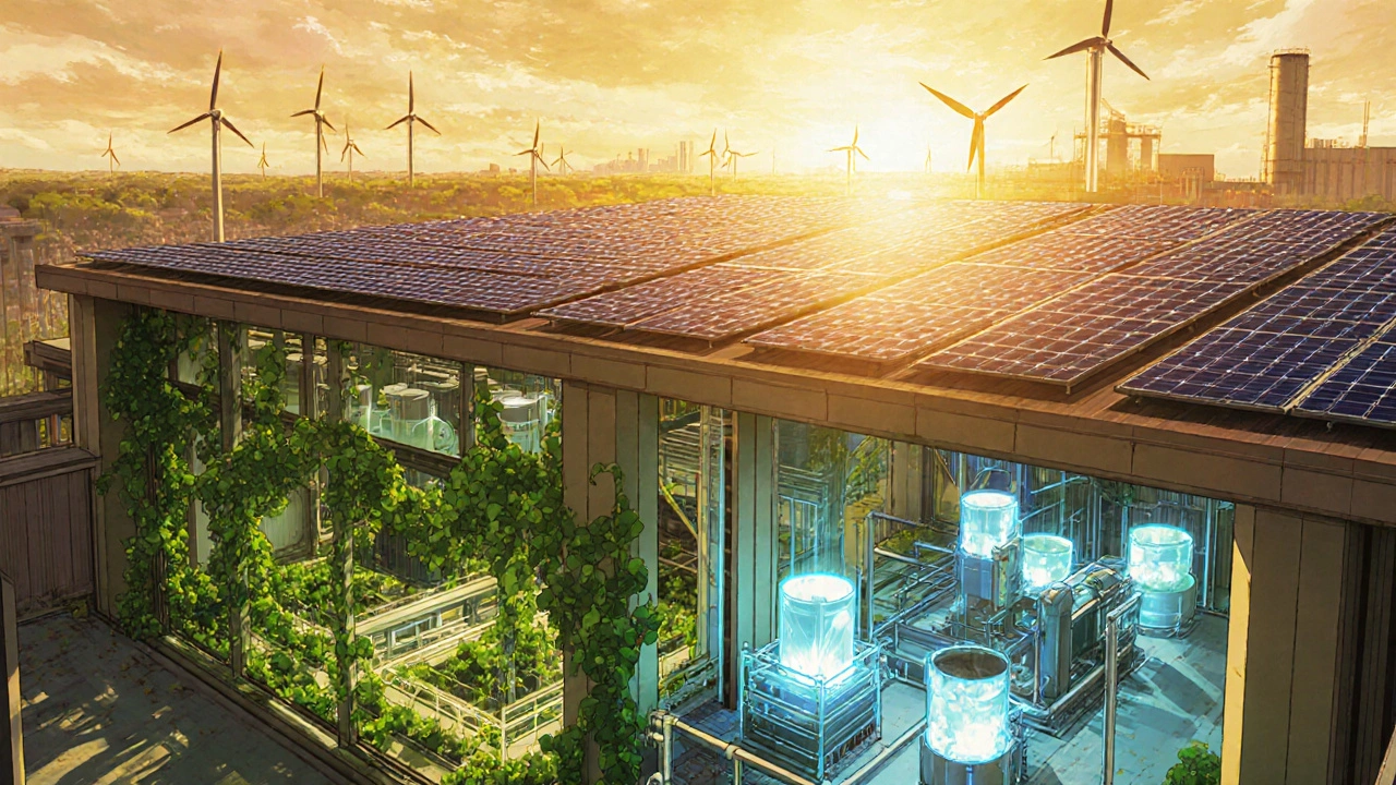 太陽光と風力で稼働する工場、バイオ原料と循環型廃棄物利用の未来像。