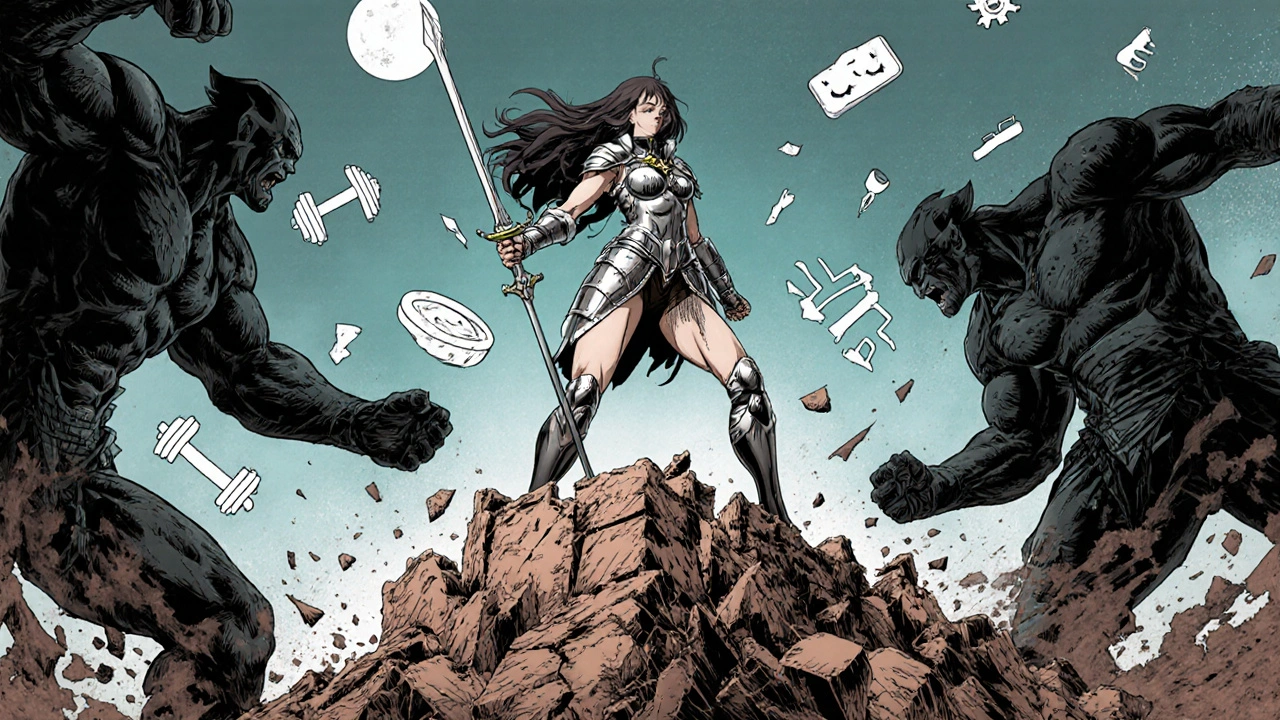 体内でプロゲステロンがアンドロゲンとインスリン抵抗性と戦う象徴的な戦いの場面。