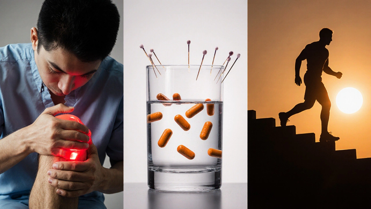 痛みから回復へ至る三人の男性の変化を三段構成で描いたアニメ風シーン。