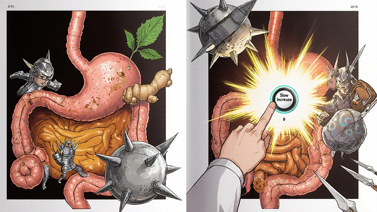 胃の内部で生姜、ミント、ツボバンドが吐き気の怪物と戦う幻想的シーン。