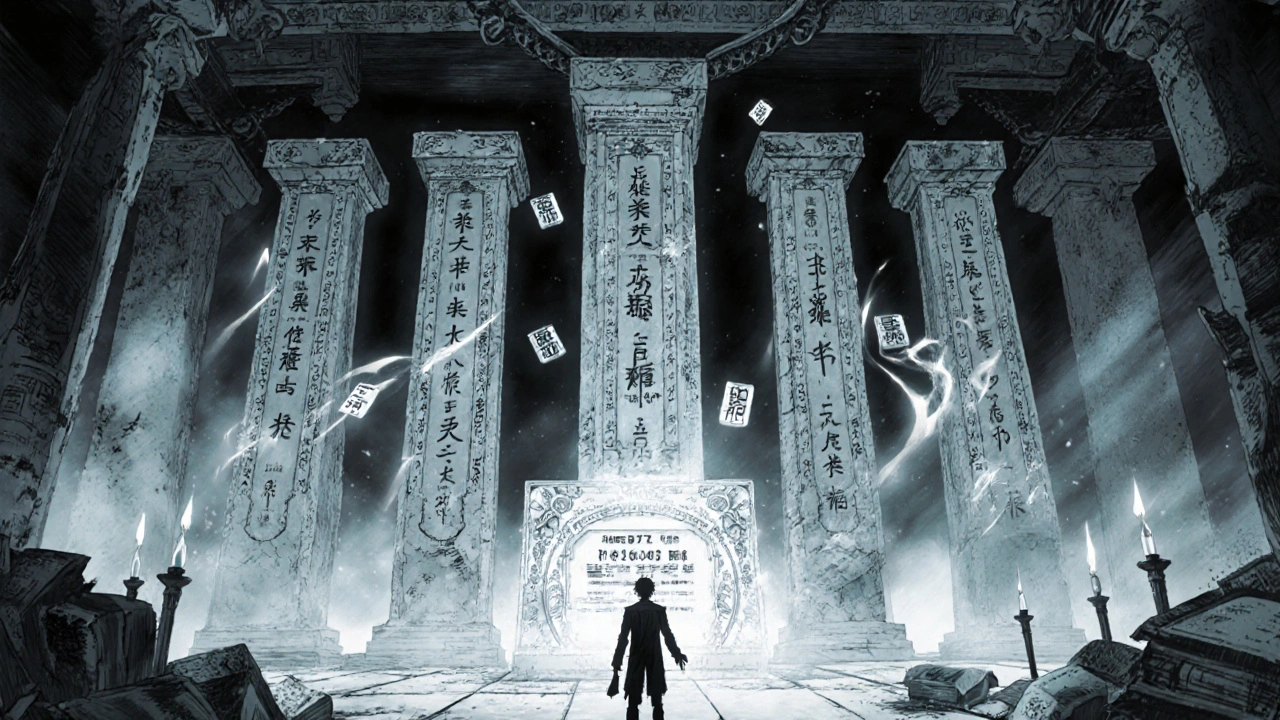 五つのノーコグニティブを象徴する石柱が並ぶ認知の神殿で、一人の人物が使用の注意を示すタブレットに手を伸ばしている。