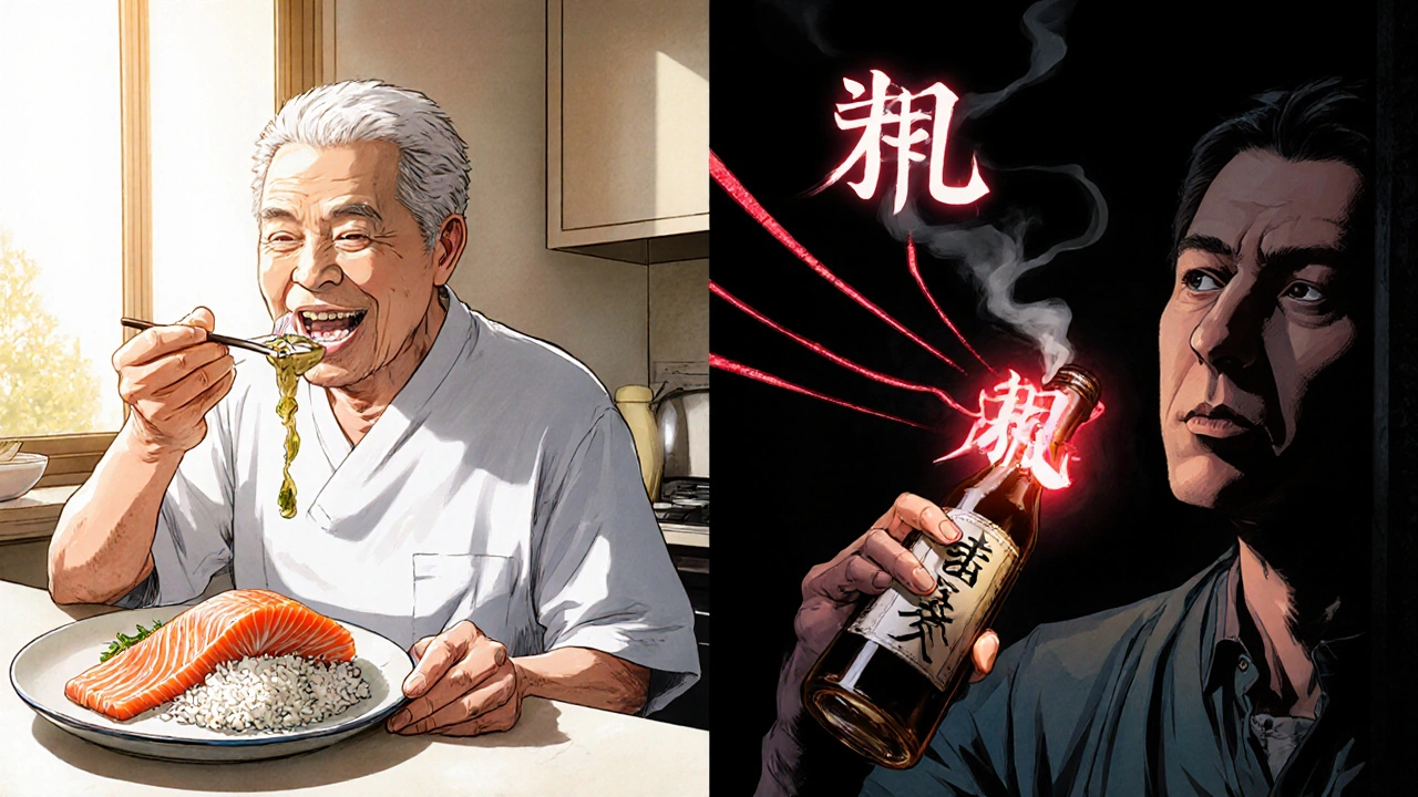 新鮮な食事と危険な醤油を対比させた二段構成のシーン。