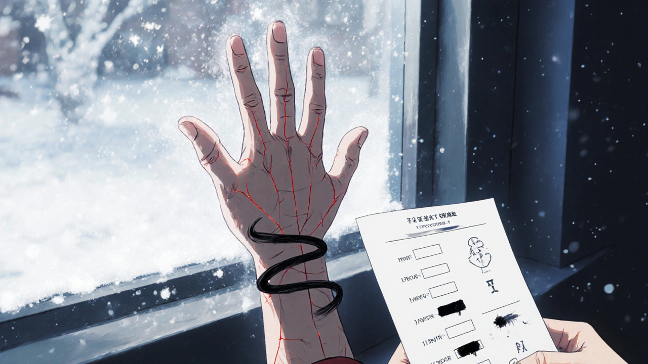 雪の降る窓辺で血検査結果を握る少年。手首に炎症の赤い線が浮かぶ。