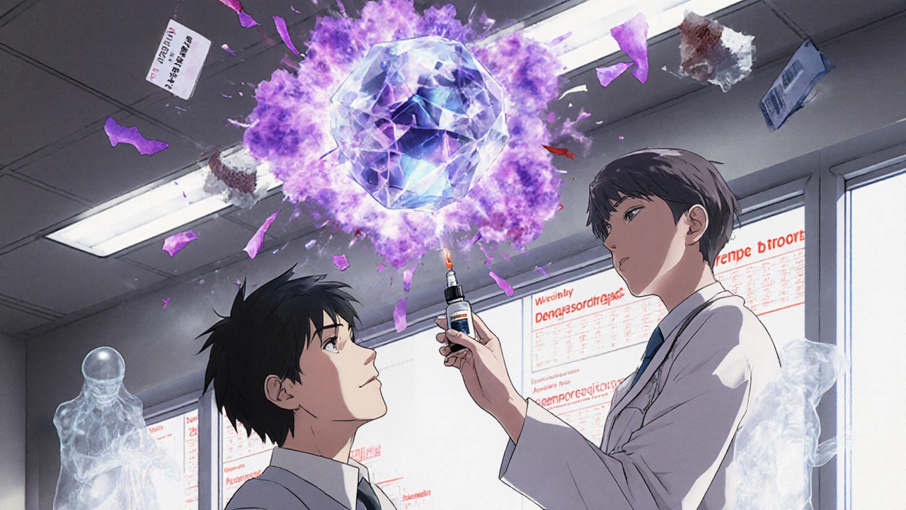 眼科の診療室で医師が点眼薬を投与し、背景に古いステロイド薬の崩壊と新しい治療の勝利を描いたアニメ風シーン。