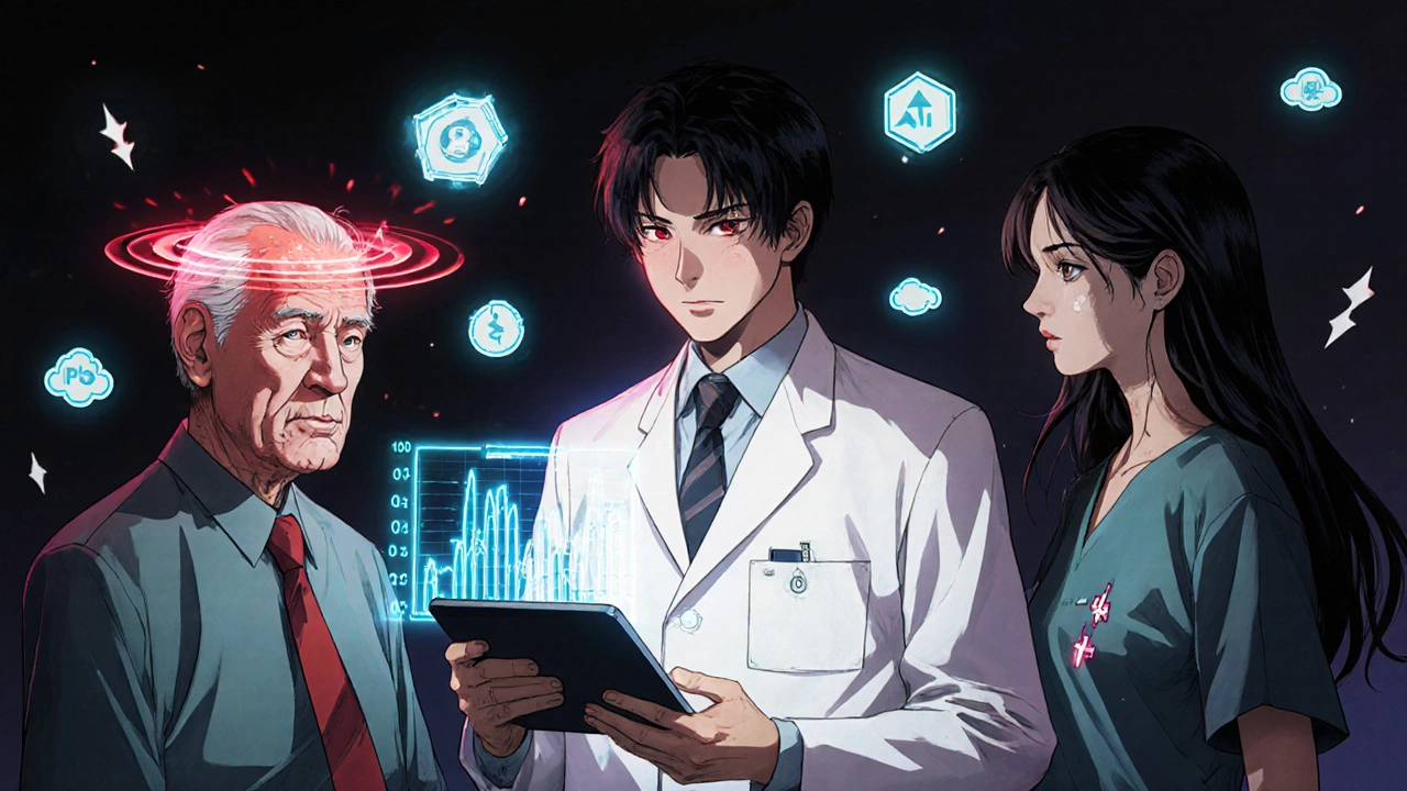 薬剤師が高カリウム血症とARNI濃度のリスクを比較しながら、AIデータを操作するシーン。