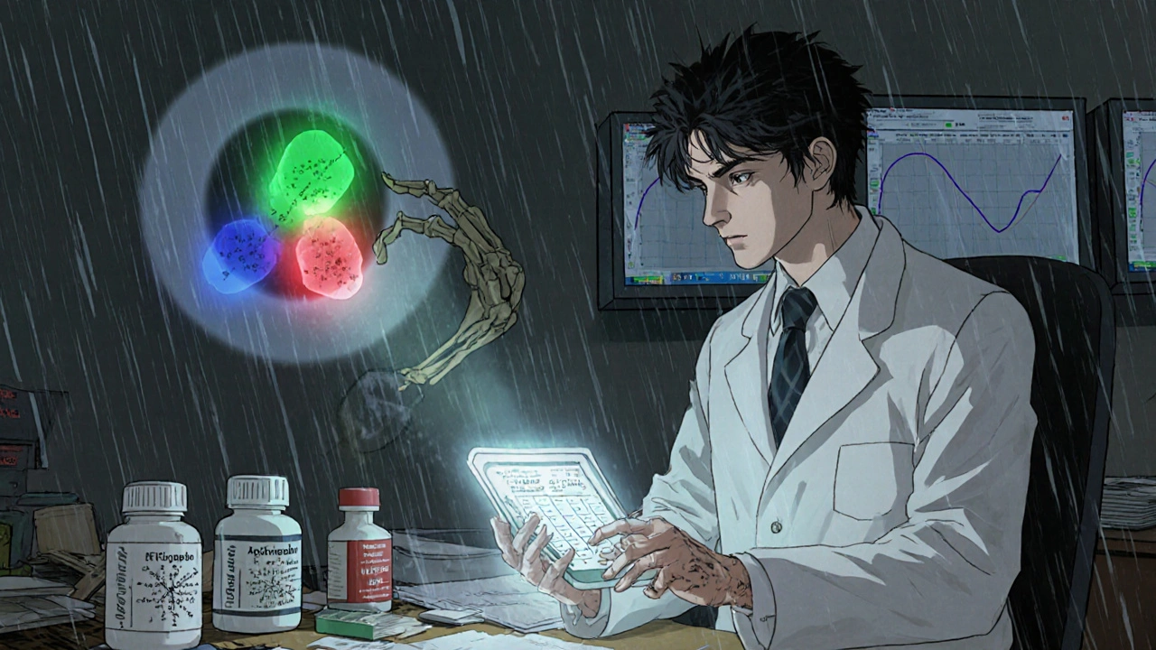 薬剤師がCockcroft-Gault計算機を操作し、DOAC薬が色で分かれる暗い病院のシーン。