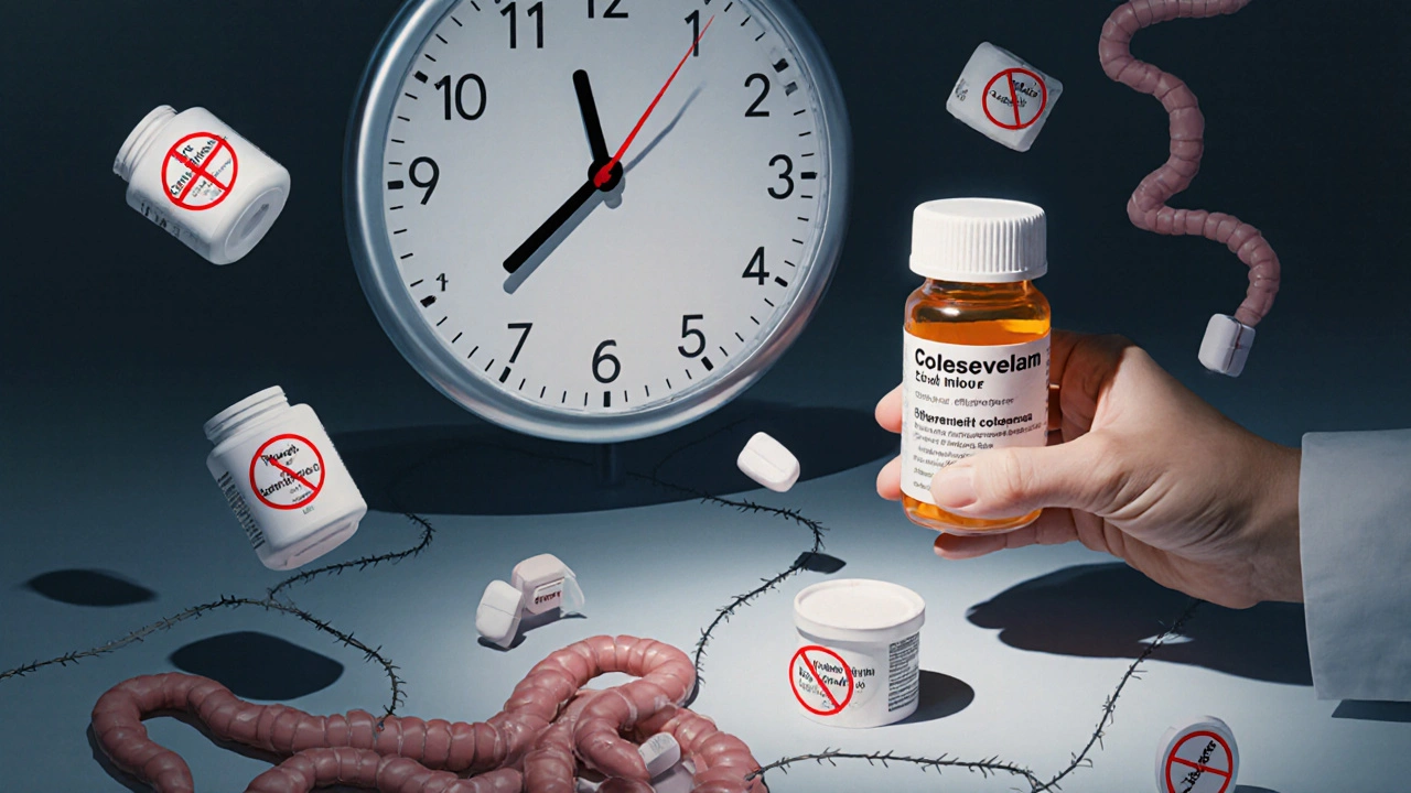 薬剤師の手がコレスベラムの薬瓶を置き、スタチンやワルファリンの薬が時間差で排除される様子を描いた、腸の扭曲した影が床に伸びる。