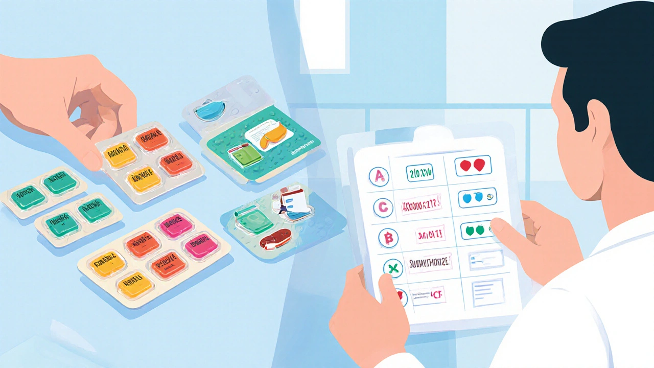 薬剤のブリスターパックと医師のチャートが対比された診療室のイラスト。