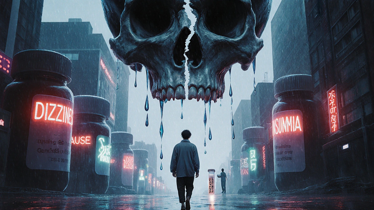 薬の切り替えの苦しみを象徴する雨の街で、遺伝子検査の光が未来を照らす。