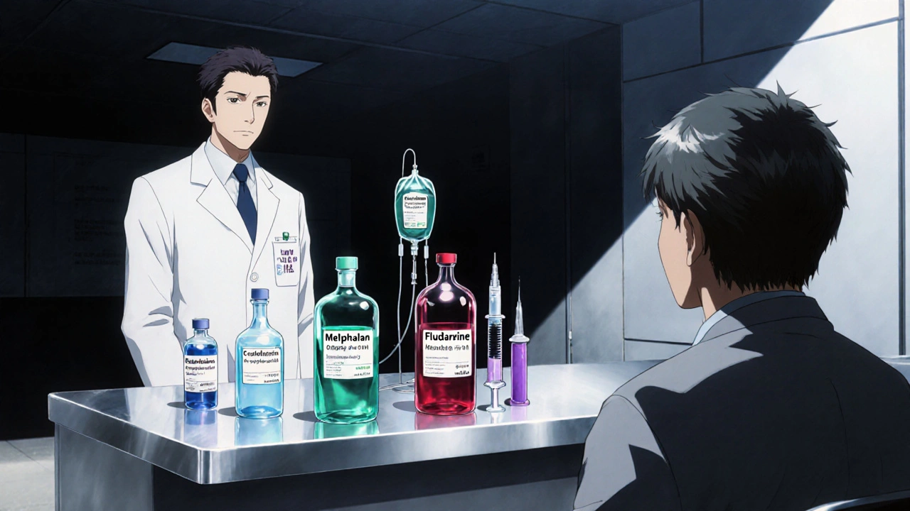 医師が様々な化学療法薬の容器をテーブルに並べ、患者が選択を検討している場面。