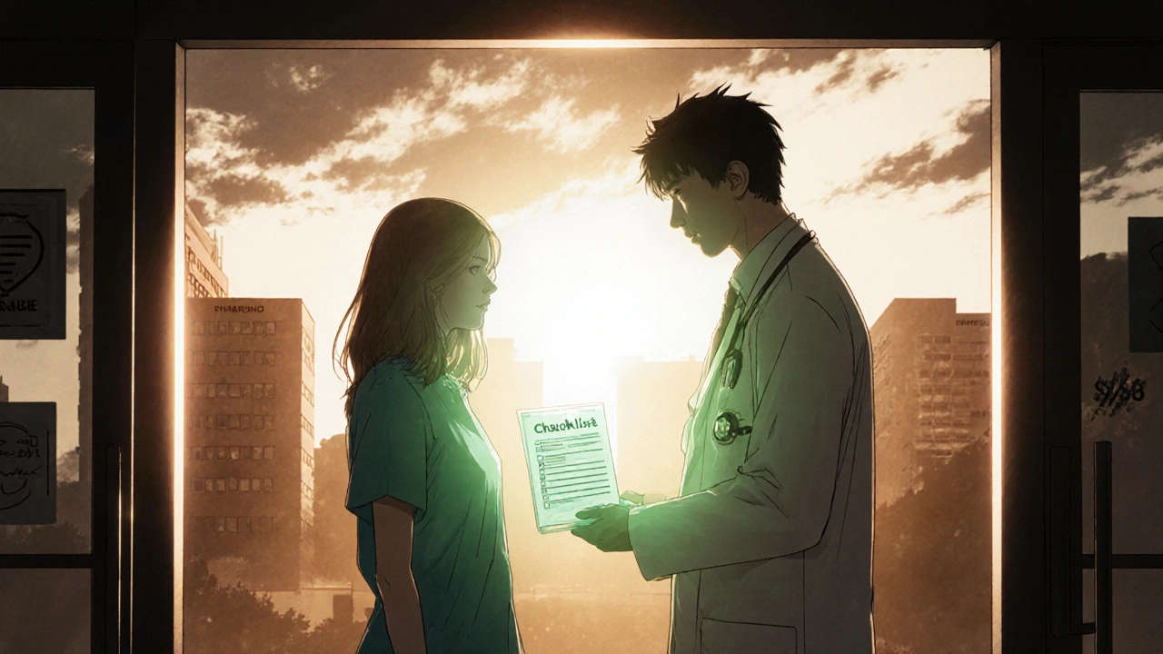 医師がチェックリストを渡し、患者が病院を出る希望のシーン。