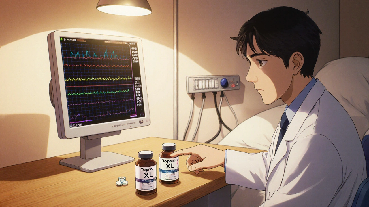 医師と高齢患者がテーブルで薬瓶を見ながら相談する場面。