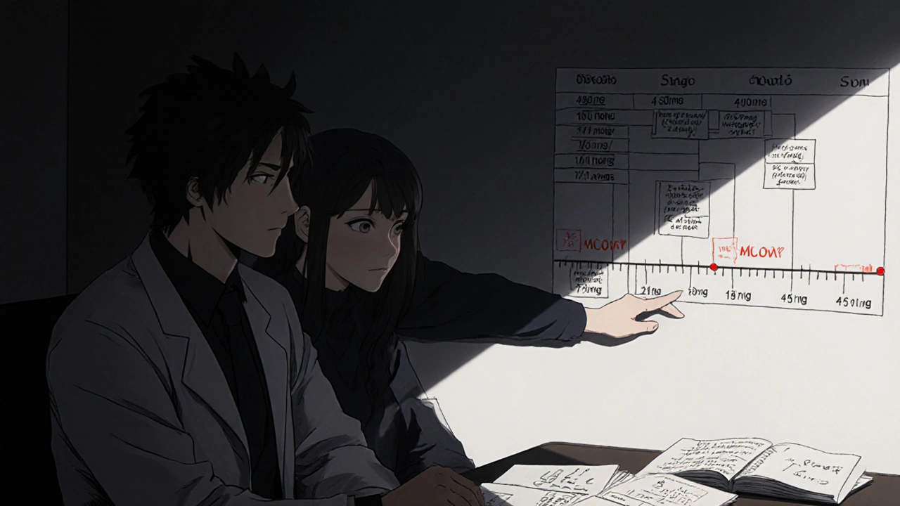 医師と患者が薬の増量スケジュールを確認しながら診察室で話し合う様子。