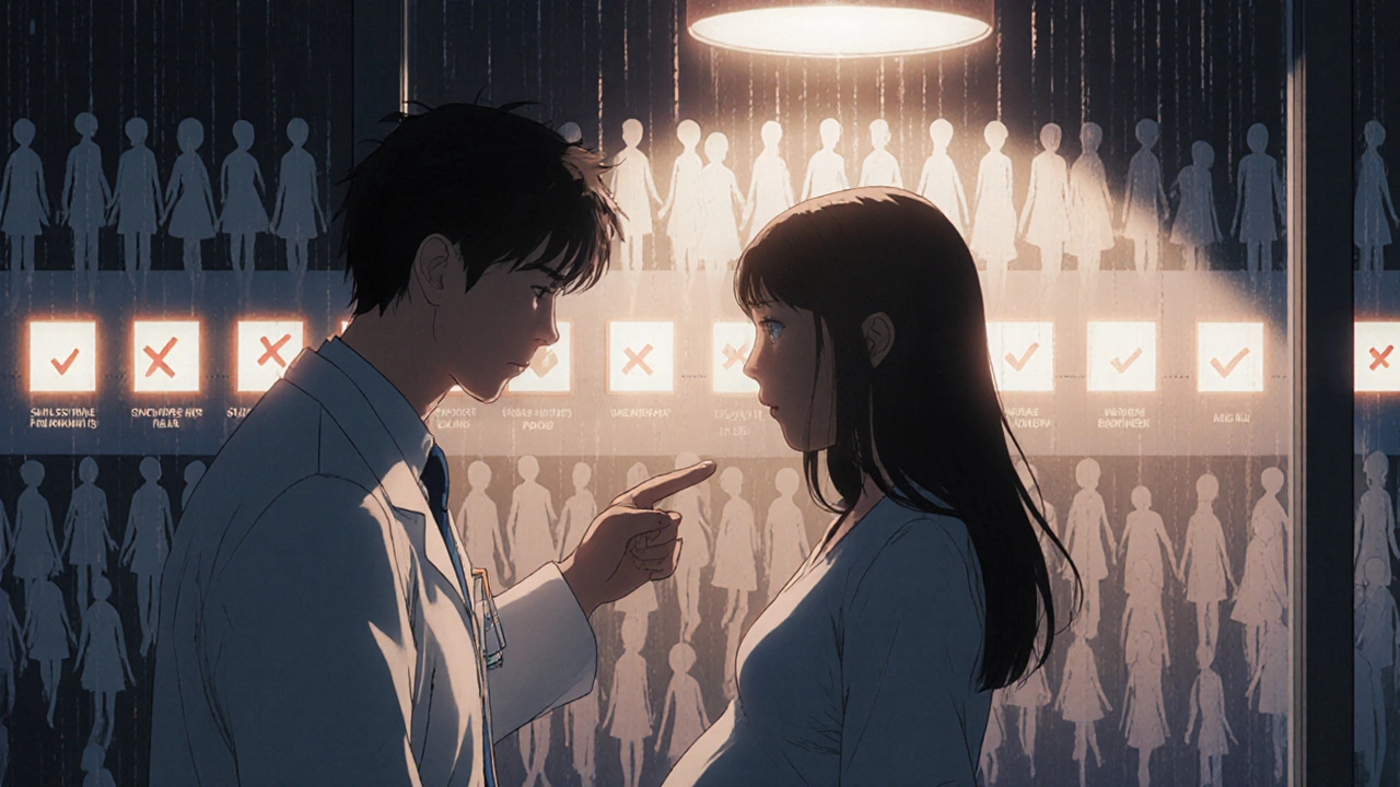 医師と妊婦が妊娠期間に応じた薬の安全性を示すタイムラインを指差しながら話す、背景には何百万もの胎児のシルエットが並ぶ。